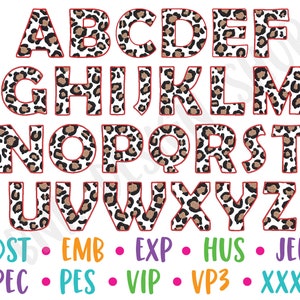 Puede incluir: Letras del alfabeto de estampado de leopardo en negro, marrón y blanco con un contorno rojo. Las letras están en mayúsculas y están ordenadas alfabéticamente. El texto debajo de las letras dice: DST EMB EXP HUS JEF PEC PES VIP VP3 XXX
