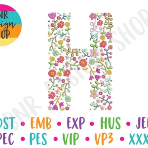 Floral Embroidery Letter, Embroidery Font, 4 Sizes, Monogram Embroidery, Embroidery Design, Embroidery Pattern, Embroidery File