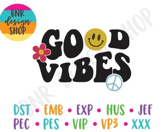 Good Vibes Embroidery Designs Trendy, Positive Embroidery Designs for Machine, Retro Embroidery Files for Hats, Rainbow Embroidery for Kids