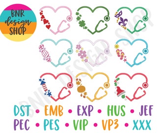 May include: Nine different colored heart-shaped designs with a stethoscope inside each heart. Each heart has a different design inside, such as a shamrock, a fleur-de-lis, a firework, and a Christmas stocking.