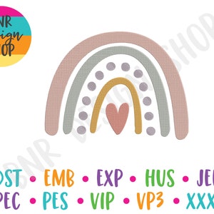 Diseños de bordado arco iris arco iris, archivo de bordado boho arco iris de moda, diseño de bordado boho para niñas, arco iris con bordado de corazones