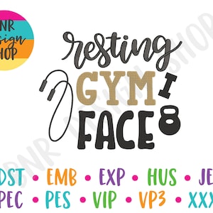 May include: A digital design featuring the text "resting gym face" in black and gold lettering. The design also includes a jump rope and a dumbbell. The text "BNR design SHOP" is in a circle with a blue, orange, and yellow background.