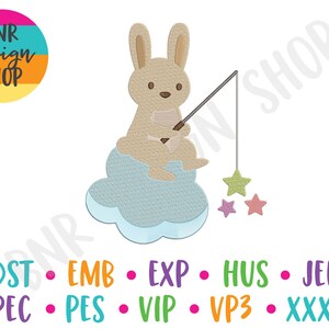 May include: A brown bunny rabbit sitting on a blue cloud, holding a fishing rod with a star on the line. The bunny is wearing a pink shirt and has a pink nose. There are three stars in the background.