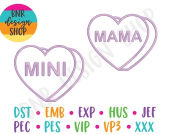 Valentine Embroidery Design, 2 Designs, Mama Embroidery, Mini Embroidery, Candy Heart Embroidery, Embroidery Design, Embroidery Pattern