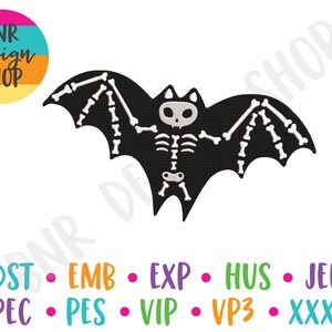 May include: Black bat with a white skeleton design. The bat is flying with its wings spread out. The bat is a Halloween themed design.