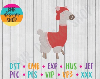 May include: Embroidered design of a gray llama wearing a red hat and sweater. The llama is smiling and has a brown nose. The design is perfect for embroidery projects.