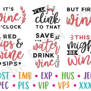 Wine Embroidery Designs, 6 Designs, Wine Machine Embroidery Design, Embroidery Pattern, Embroidery File, Instant Download