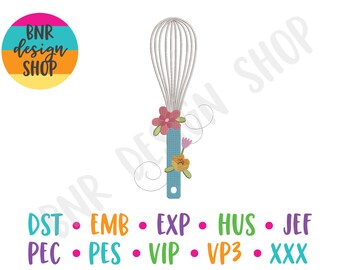 May include: A silver whisk with a blue handle and pink, yellow, and blue flowers attached to the handle. The text "BNR design SHOP" is in the upper left corner of the image.