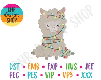 May include: A cute cartoon llama wearing a string of colorful Christmas lights. The llama is sitting down with its eyes closed. The image includes the text "BNR design SHOP" and "DST EMB EXP HUS JEF PEC PES VIP VP3 XXX".