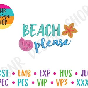 Puede incluir: Un diseño colorido con las palabras "BEACH please" en turquesa y azul, acompañado de una concha rosa y una estrella de mar beige. La imagen también incluye un logotipo y abreviaturas de formatos de archivo.