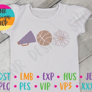 May include: A white t-shirt with a purple megaphone, an orange basketball, and a purple and orange pom-pom. The text "BNR design SHOP" is in the top left corner of the image.