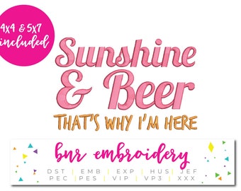 Sunshine and Beer Machine Embroidery, Summer Embroidery Design, Embroidery Pattern, Embroidery File, Instant Download