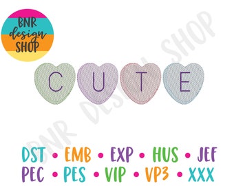 Candy Heart Embroidery Design for Valentines, Cute Embroidery Designs for Girls, Quick Stitch Embroidery, Candy Heart Embroidery File Trendy