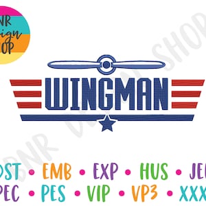 May include: Embroidered design of a blue airplane propeller with red and white stripes and the text "WINGMAN" in blue.