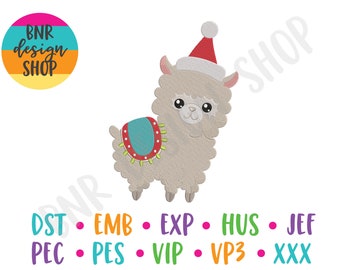 May include: A cute gray llama wearing a red Santa hat and a colorful saddle. The llama is standing on a white background. DST EMB EXP HUS JEF PEC PES VIP VP3 XXX