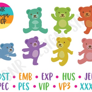 May include: Set of eight colorful teddy bear embroidery designs in various poses. The designs are labeled with the file formats DST, EMB, EXP, HUS, JEF, PEC, PES, VIP, VP3, and XXX.