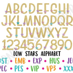 May include: A set of gold-colored letters and numbers with colorful stars. The letters are in uppercase and the numbers are in a standard font. The text "LOW STARS ALPHABET" is below the letters and numbers. The text "DST EMB EXP HUS JEF PEC PES VIP VP3 XXX" is below the text "LOW STARS ALPHABET".