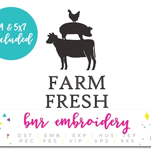 Farm Fresh Farm Animal Machine Embroidery Design with Cow and Pig and Chicken for Farmhouse Decor