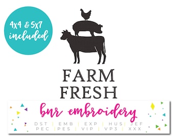 Farm Fresh Farm Animal Machine Embroidery Design with Cow and Pig and Chicken for Farmhouse Decor
