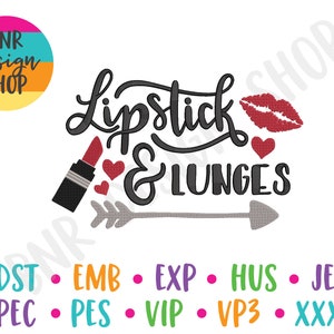 May include: Black and white graphic design with the text "Lipstick & Lunges" and a red lipstick with a gray arrow. The text "BNR design SHOP" is in a circle with a blue, pink, and yellow background.
