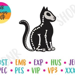 May include: Black cat silhouette with a white skeleton design. The cat is sitting with its tail curled around its body. The image is on a white background.