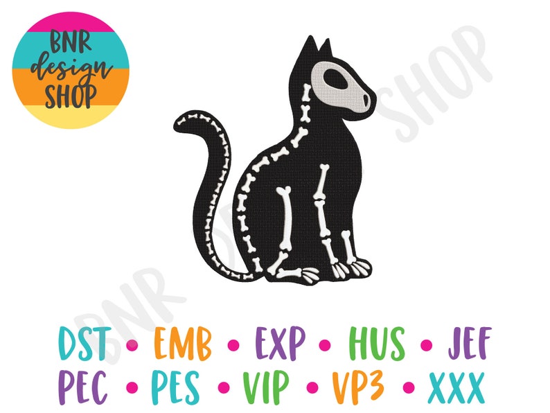 May include: Black cat silhouette with a white skeleton design. The cat is sitting with its tail curled around its body. The image is on a white background.
