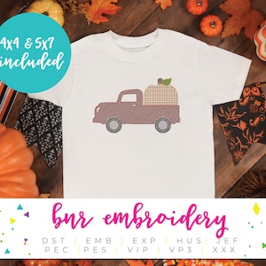 Fall Truck Quick Stitch Embroidery Sketch Fill Style Vintage Truck and Pumpkin Machine Embroidery Design