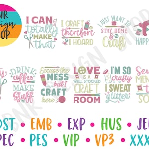 Peut inclure: Plusieurs motifs colorés sur le thème de l'artisanat, avec des phrases telles que « Je peux totalement faire ça » et « Femme artisanale, vie heureuse ». L'image comprend également des abréviations de types de fichiers.