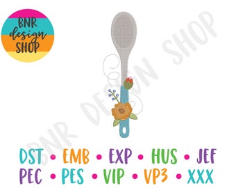 May include: A gray wooden spoon with a blue handle and floral embellishments. The spoon is surrounded by a swirl design and a small flower with orange petals. The text "BNR design SHOP" is visible in the background.