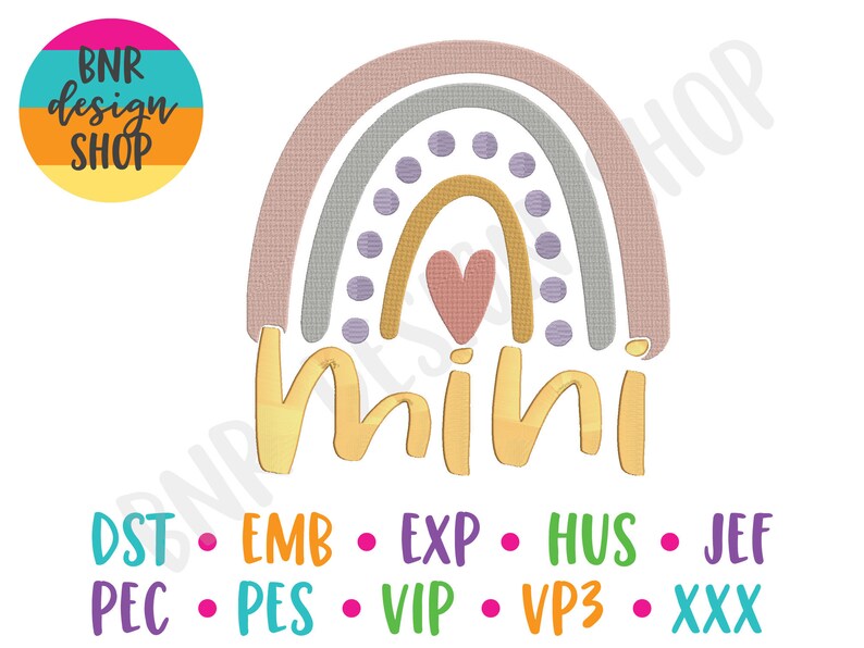 May include: A rainbow with a heart in the center and the word "mini" in gold lettering below. The rainbow is made up of pink, gray, and yellow stripes with purple polka dots.