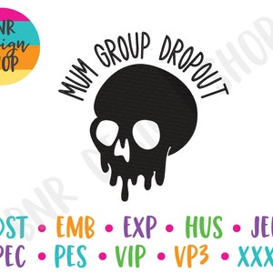 Op de afbeelding: Zwart-wit grafisch ontwerp van een schedel met druppelende vloeistof. De tekst "Mum Group Dropout" staat rond de schedel.