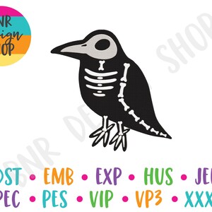 May include: Black and white illustration of a skeleton crow with a white skull and visible bones. The crow is facing left and has its wings spread out. The image is on a white background.