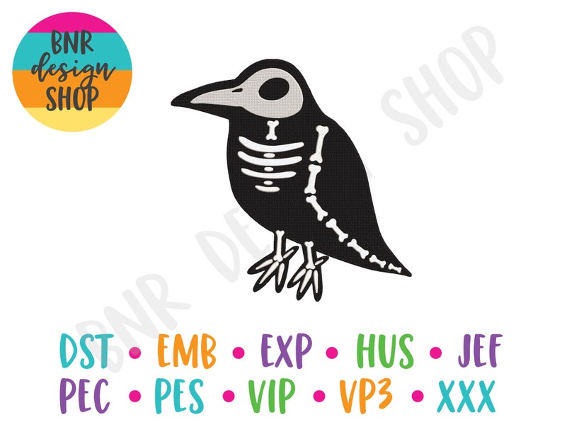 May include: Black and white illustration of a skeleton crow with a white skull and visible bones. The crow is facing left and has its wings spread out. The image is on a white background.