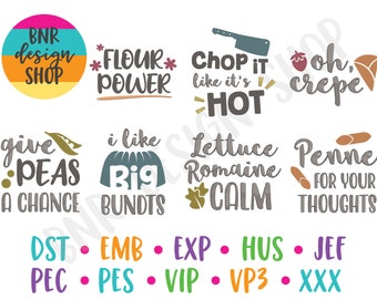 Könnte beinhalten: Ein farbenfrohes Grafikdesign mit 10 verschiedenen Sätzen. Die Sätze sind: "BNR design shop", "*FLOUR* POWER", "CHOP IT like it's HOT", "oh, crepe", "give PEAS a chance", "i like Big BUNDTS", "Lettuce Romaine CALM", "Penne FOR YOUR THOUGHTS", "DST EMB EXP HUS JEF", "PEC PES VIP VP3 XXX".