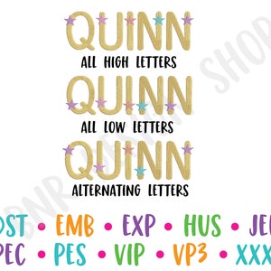 May include: A digital embroidery design for the name Quinn with three different lettering styles: all high letters, all low letters, and alternating letters. Each style is accompanied by a row of stars. The design is available in the following formats: DST, EMB, EXP, HUS, JEF, PEC, PES, VIP, VP3, and XXX.
