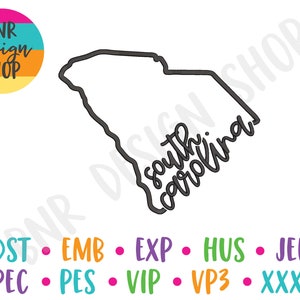 May include: Black and white outline of the state of South Carolina with the text "South Carolina!" written in cursive inside the outline.