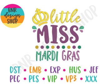 Little Miss Mardi Gras Embroidery Design, 2 Sizes, Mardi Gras Machine Embroidery Design, Embroidery Pattern, Embroidery File