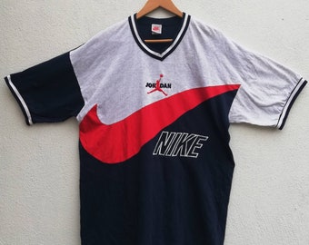 Rare Vintage 90's Nike Air Jordan Big Swoosh Logo Block T-shirt multicolor colorblock streetwear hypebeast swag hip hop rap Size L