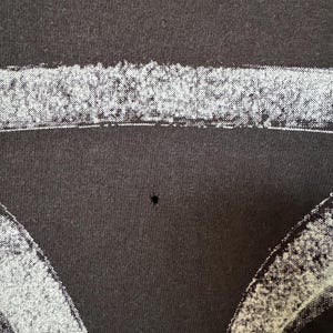 May include: Black t-shirt with a white graphic print of a skull, featuring a small hole in the fabric.