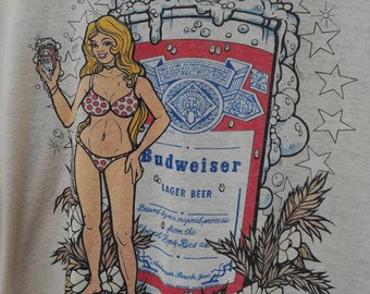 ヴィンテージ 70年代 バドワイザー セクシー レディース ビキニプリント ターザナ カリフォルニア 長袖 Tシャツ サイズ L サーフ スケート レーシング