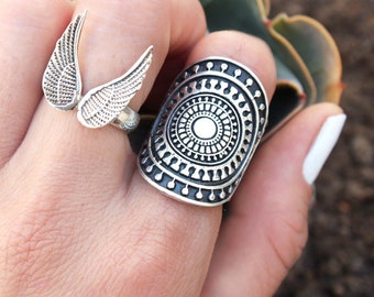 Mandala Engraved Ring - Bohemian Boho Tribe Sterling Silver 925 - Unique Artisan Crafted Jewelry