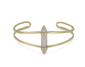 14 Karat Gold Plated Split Cuff with Spike Pencil Cut Gray Moonstone