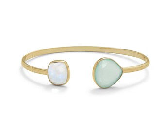 Rainbow Moonstone and Green Chalcedony Cuff, Birthstone Gems Cuff Bracelet, Gemstone Bracelet