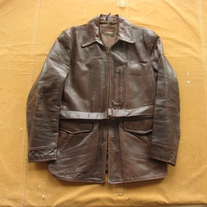 Small 50s Horse Hide Leather Belted Jacket / Horsehide 1950s Brown leather Car Coat Long Coat Albert Richard