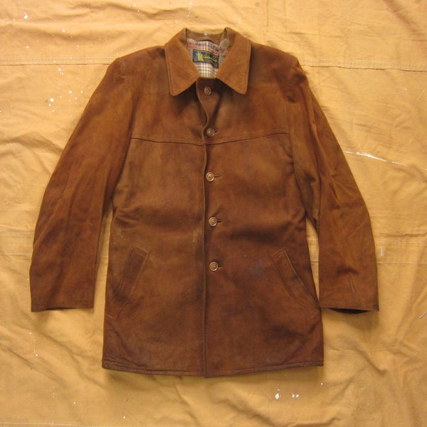Small 40s / 50s Swedish Brown Suede Jacket / Long Coat, Flannel Lined, Ahlen & Holm Stockholm Sweden, Sport Coat 1940s 1950s Leather Size 38