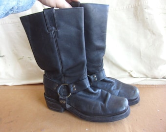 Men's 8 80s Black Leather Motorcycle Boots / Boulet Harness Ankle