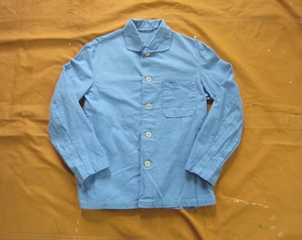 Medium 80s / 90s German Cotton Flannel Shirt / Blue Button Down, Shawl Collar, 1980s 1990s, Army, Military, Hospital Scrubs, Pajamas, Small