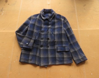Large 40s Blue Plaid Mackinaw Jacket / Buffalo Plaid 1940s 1950s Four Pockets Men's Winter Wool Flannel Coat