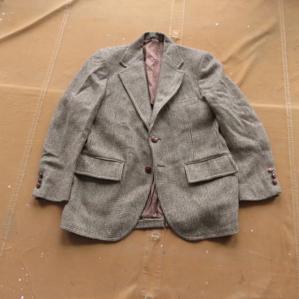 42 R (42L) Haggar Vintage Marron Tweed Laine Cuir 2Bn Hommes
