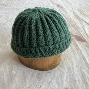 May include: A dark green, ribbed knit beanie hat. The hat is made of a soft, textured yarn and has a folded brim. The hat is displayed on a wooden form against a white background.